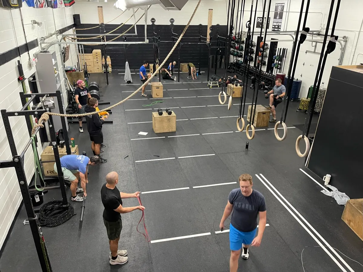 Aerial view of members training on the Moonshot CrossFit gym floor